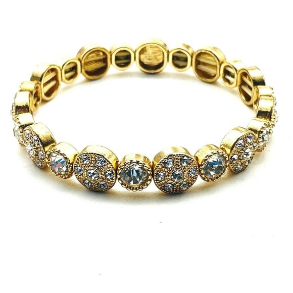 Rhinestone Encrusted Disc Stretch Bracelet Gold Tone Glam Bling Sparkle Holiday - Picture 1 of 6